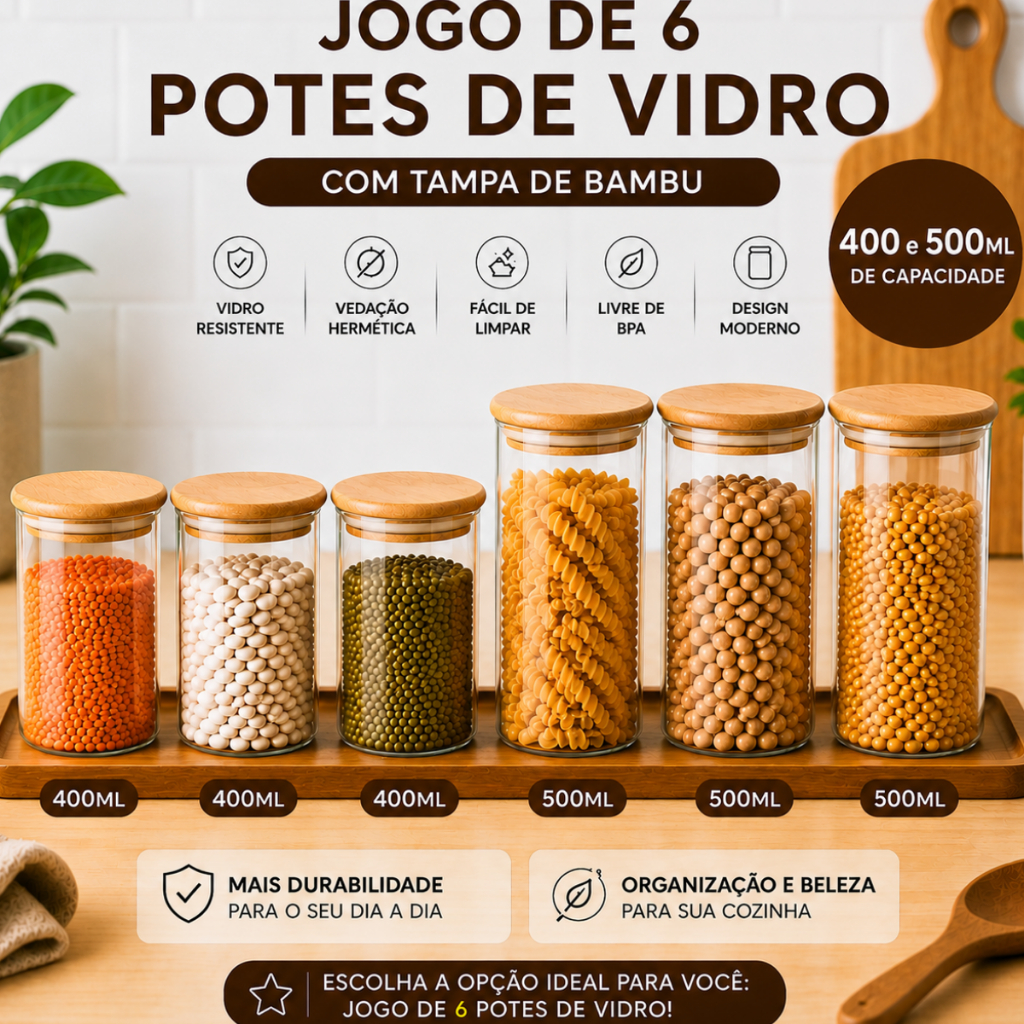 Kit 6 Potes de Vidro Condimentos 400ML e 500ML Com Tampa de Bambu Hermético Mantimentos Empilháveis