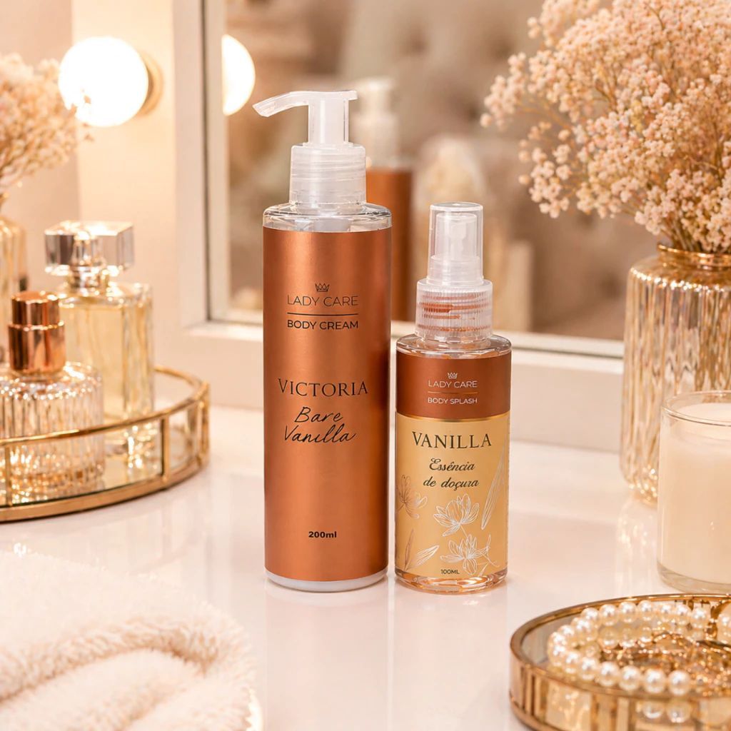 Kit Vanilla Body Splash + Body Cream de Vanilla Hidratante Corporal e Perfume Feminino Cheiro Doce Fixação Duradoura