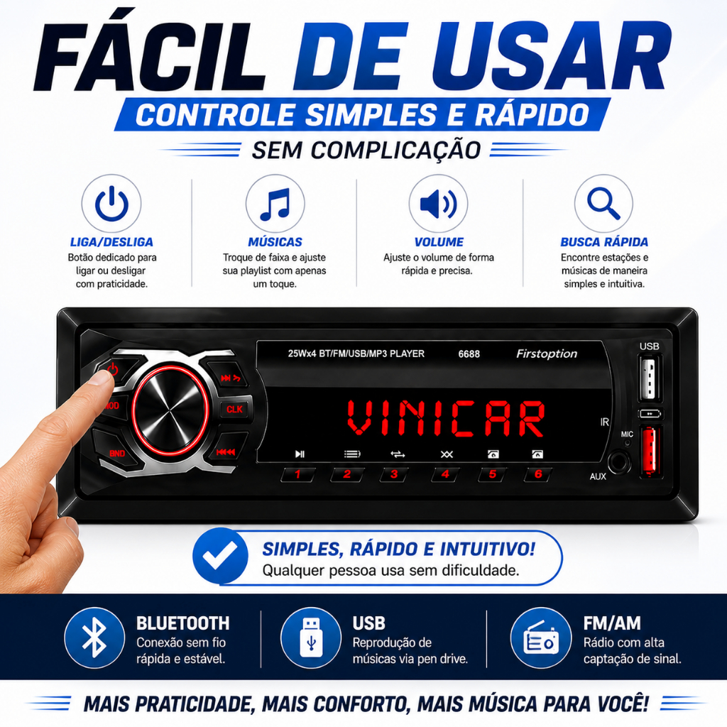 Som Automotivo Bluetooth Mp3 Usb E Cartão Sd Radio Relogio D