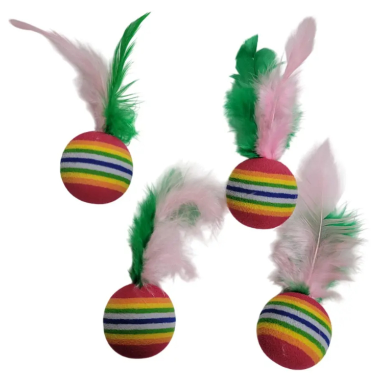 Brinquedo Para Gato Bola De EVA Com Pena 4 Unidades