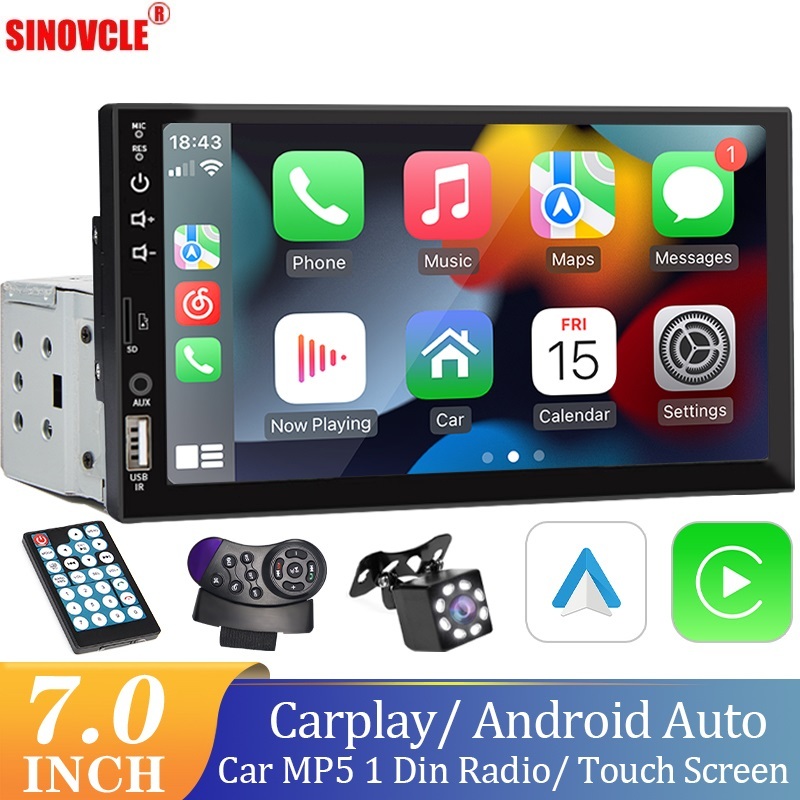 Central Multimídia Carplay/Android Auto 1 Din 7PolegadasMP5BluetoothUSB/AUX/TFMirrorlinkComTelaSensível AoToque