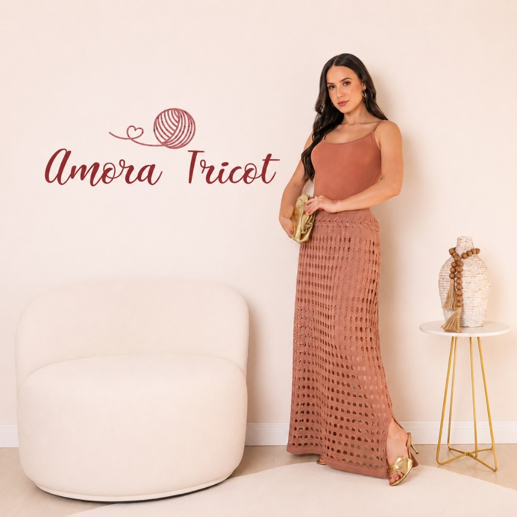 Saia Longa Feminina Tricot Verão Texturizada com Trança e Fenda - Amora Tricot