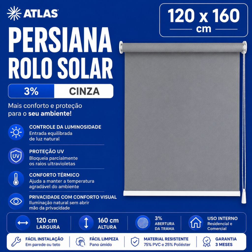 Persiana Rolo Solar 120x160 Cm 3% Cinza Atlas