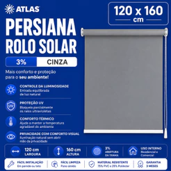 Persiana Rolo Solar 120x160 Cm 3% Cinza Atlas