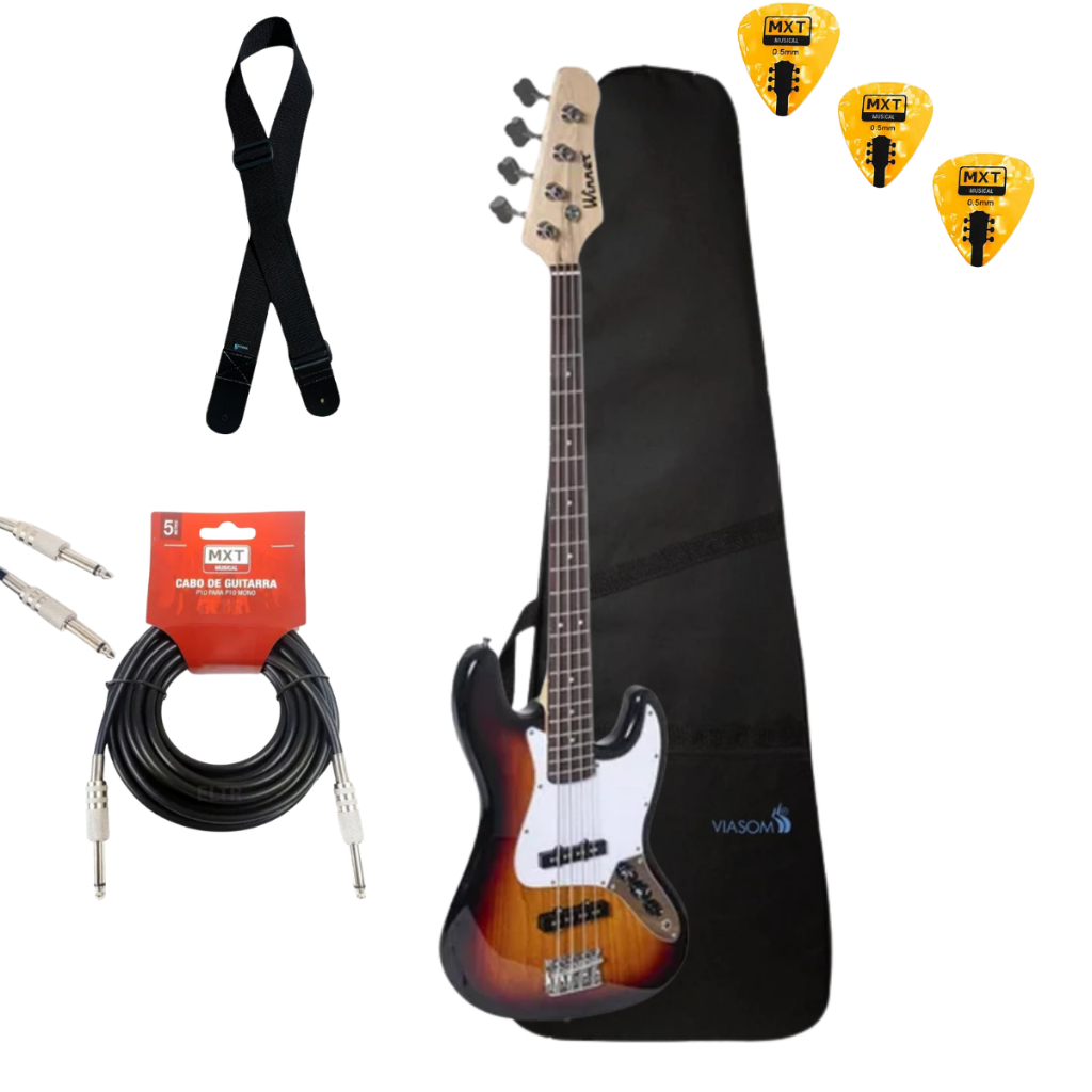 Kit Contrabaixo Elétrico Winner Wjb 4 Cordas C/Capa + Correia Cabo P10/P10 + Palhetas
