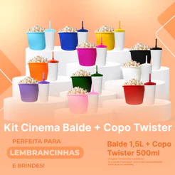Kit Cinema 10 Balde 1,5L Pipoca + 10 Copo Twister 500ml - Branco
