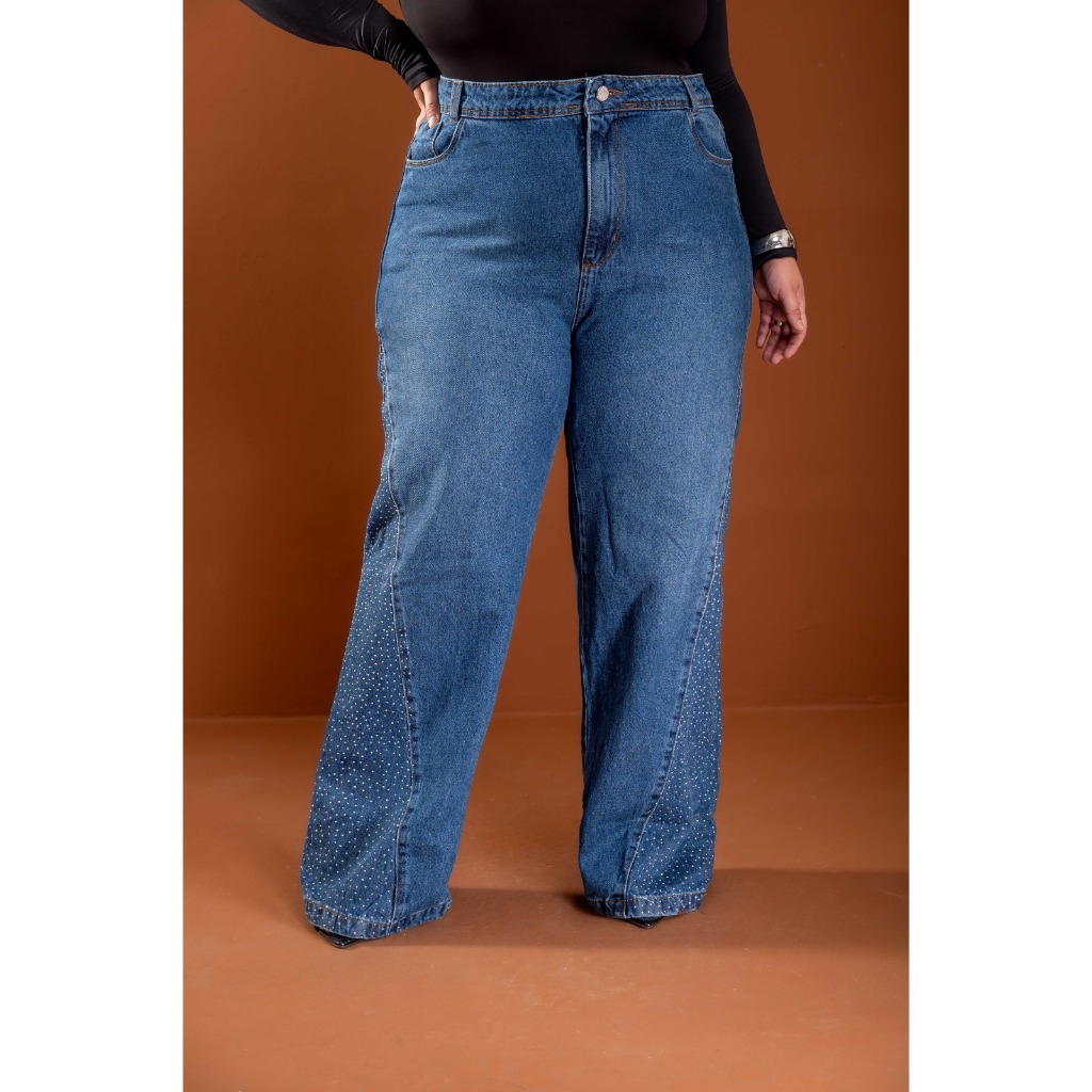 Calça Jeans Feminino Plus Size Sem Lycra, Cintura Alta Detalhe Wid Leg Com Brilho, Revesst Jeans