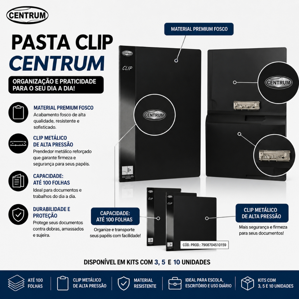 Kit 3 Pastas Clip com Mola Centrum A4 Preta Porta Documentos Escolar Escritório Prancheta Pasta Organizadora