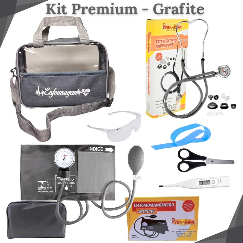 Kit Acadêmico de Enfermagem na Bolsa Tradicional Bordada, Estetoscópio Rappaport, Aparelho de Pressão e Acessórios