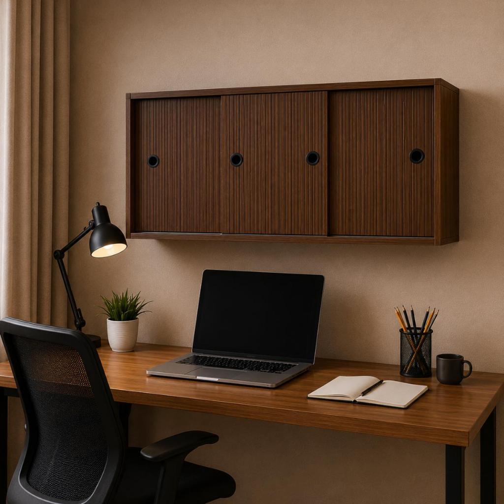 Armário Aéreo para Escritório 3 Portas Deslizantes 90cm Organizador Home Office Móvel Aéreo para Livros e Pastas