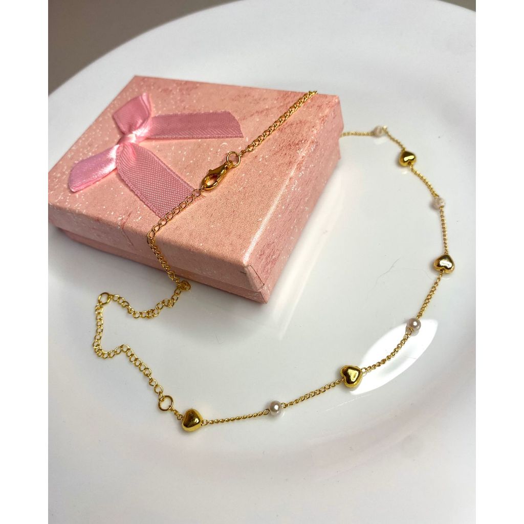 Colar pérolas delicada coração folheado ouro18k Corrente 40cm batizado casamento noivado dia das mães Colar pérolas