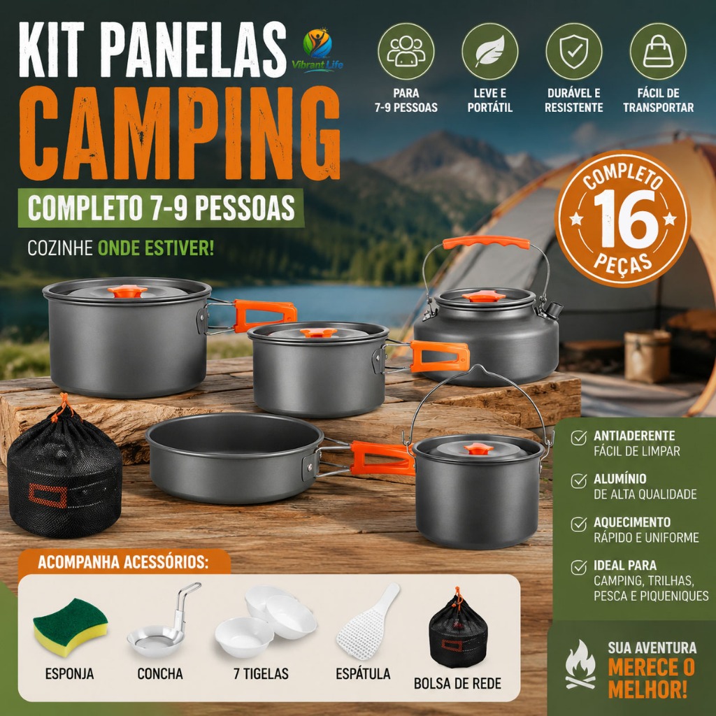 Conjunto Panelas Camping 16 Peças para Acampamento Trilhas e Piquenique