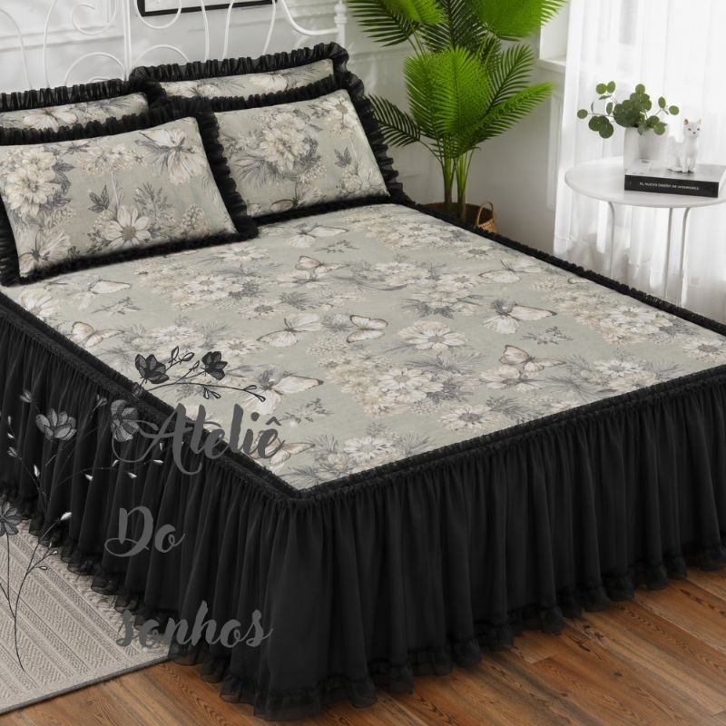 Lençol de Cima Duda  KIT  COBRE LEITO CASAL PADRÃO DECORAÇÃO QUARTO ENXOVAL DE CAMA LINDA LUXO ACABAMENTO EM BABADO VOIL
