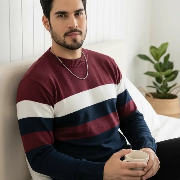 Suéter Masculino Tricot  Blusa Manga Longa Listrado Inverno Quentinho Tendência Moderno