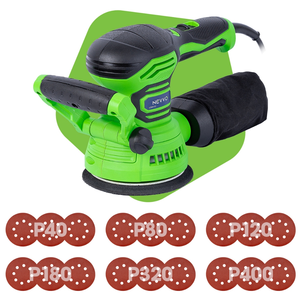 Kit Lixadeira Orbital 400w 127v 125mm C/ Auto Vácuo 13000rpm 6 Velocidades Coletor De Pó + 18 Lixas