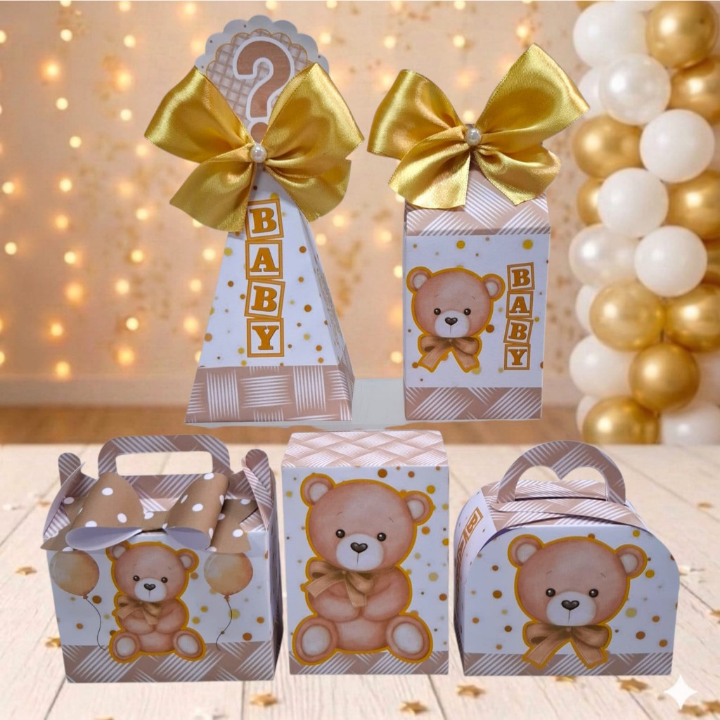 Kit Caixas Personalizados Tema Chá Revelação Ursinho Dourado - Festa - Mimos - Aniversário (PEGUE E MONTE ou MONTADO)