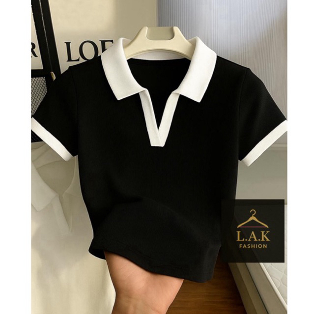 Blusa Polo Feminina Bicolor Manga Curta Ribana Premium Canelada Elegante