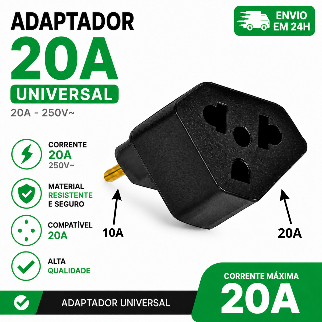 Adaptador de Tomada Benjamin 20A Pino Maciço Bob Resistente
