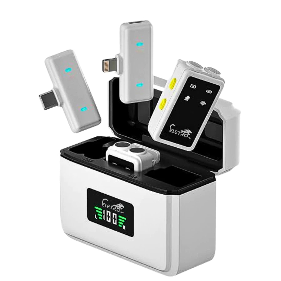 Microfone de Lapela Sem Fio Duplo Eletro EL-1853 – Conector 2 em 1 (iOS e Type-C) com Estojo de Carregamento Digital