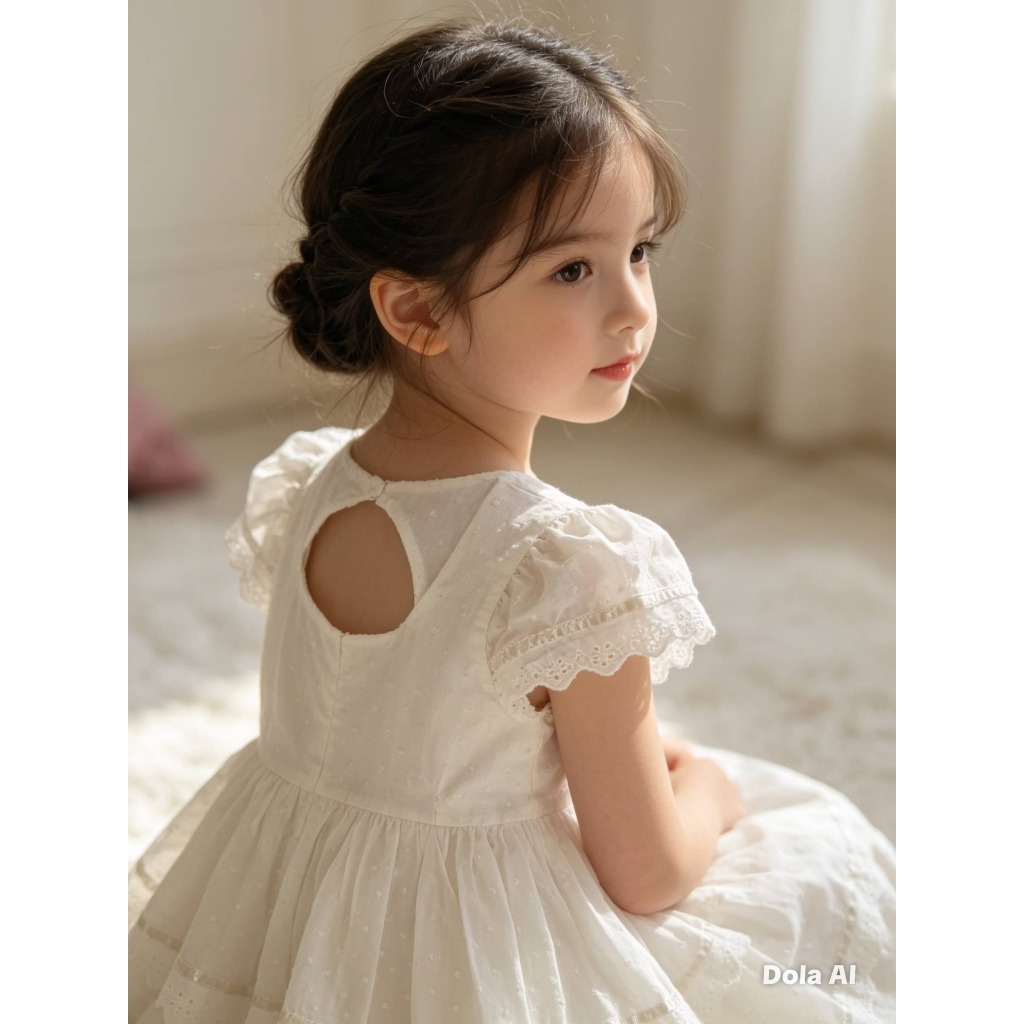 Vestido Infantil Feminino, Modelo Manga Curta, Laise Branco, Tam: 4, Marca: Bauerbauer1977