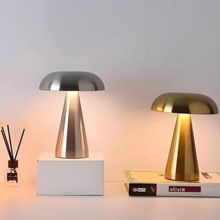 Luminária Abajur de Mesa Cogumelo Portátil Metálico LED, Quarto Restaurante, Recarregável USB, Touch com Dimmer