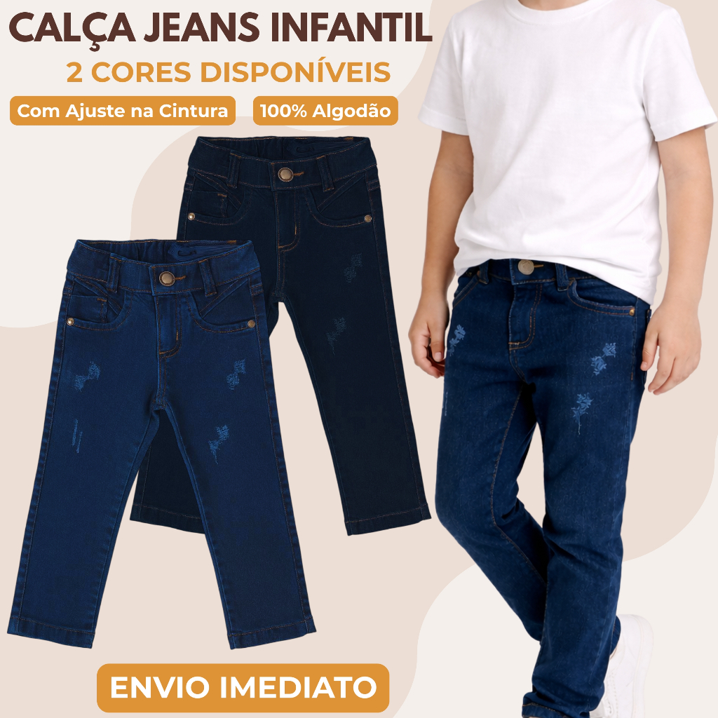 Calça Jeans Infantil Masculina com Lycra Ajustável Confortável Casual Social Menino 1 a 10 Anos