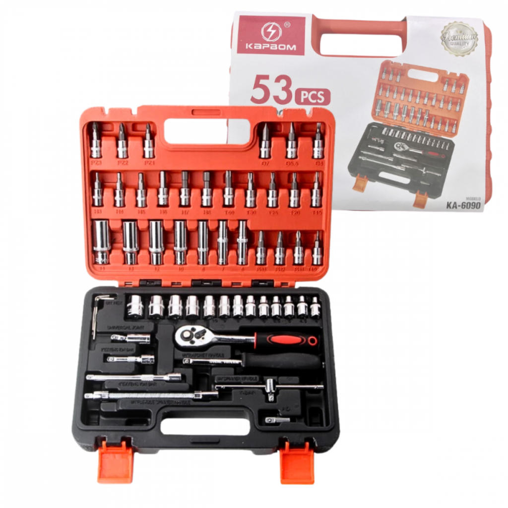 Jogo Soquetes Maleta 53 Peças Completo Bits Catraca Kit Ferramentas Kapbom / Kit Profissional de Soquetes 53 Peças com A