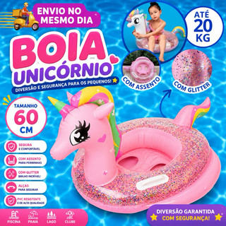 Boia Inflável Unicórnio Infantil 60cm Com Transparente Assento Glitter Piscina Praia Até 20kg