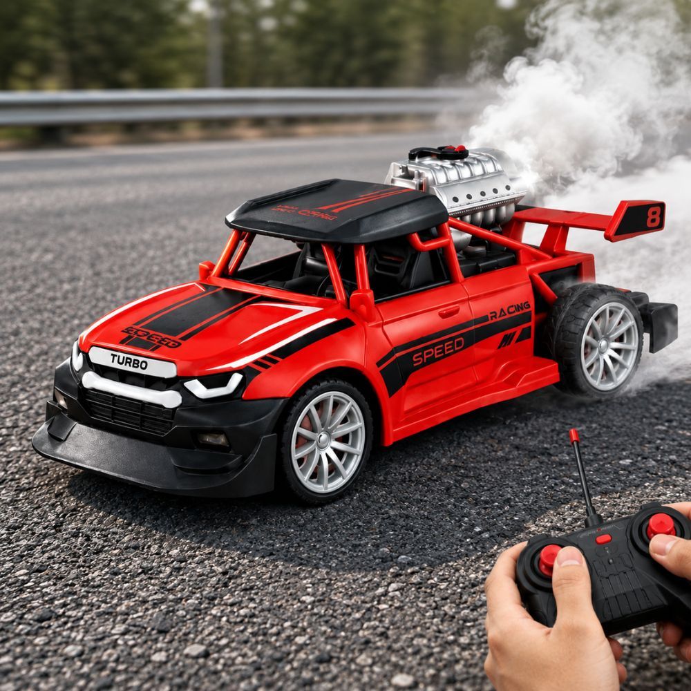 Carrinho Controle Remoto Solta Fumaça Motor Exposto Racing 4 Funções Escala 1:18 + Pilhas Grátis