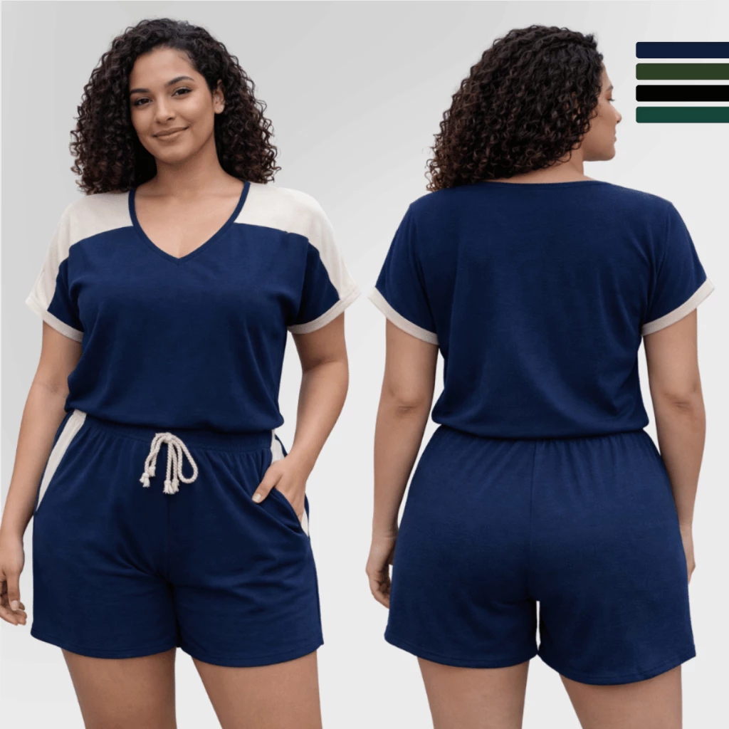Conjunto Feminino Blusa Gola V Short Cintura Elástica Cordão Bicolor Confortável Casual Verão — imagem 1