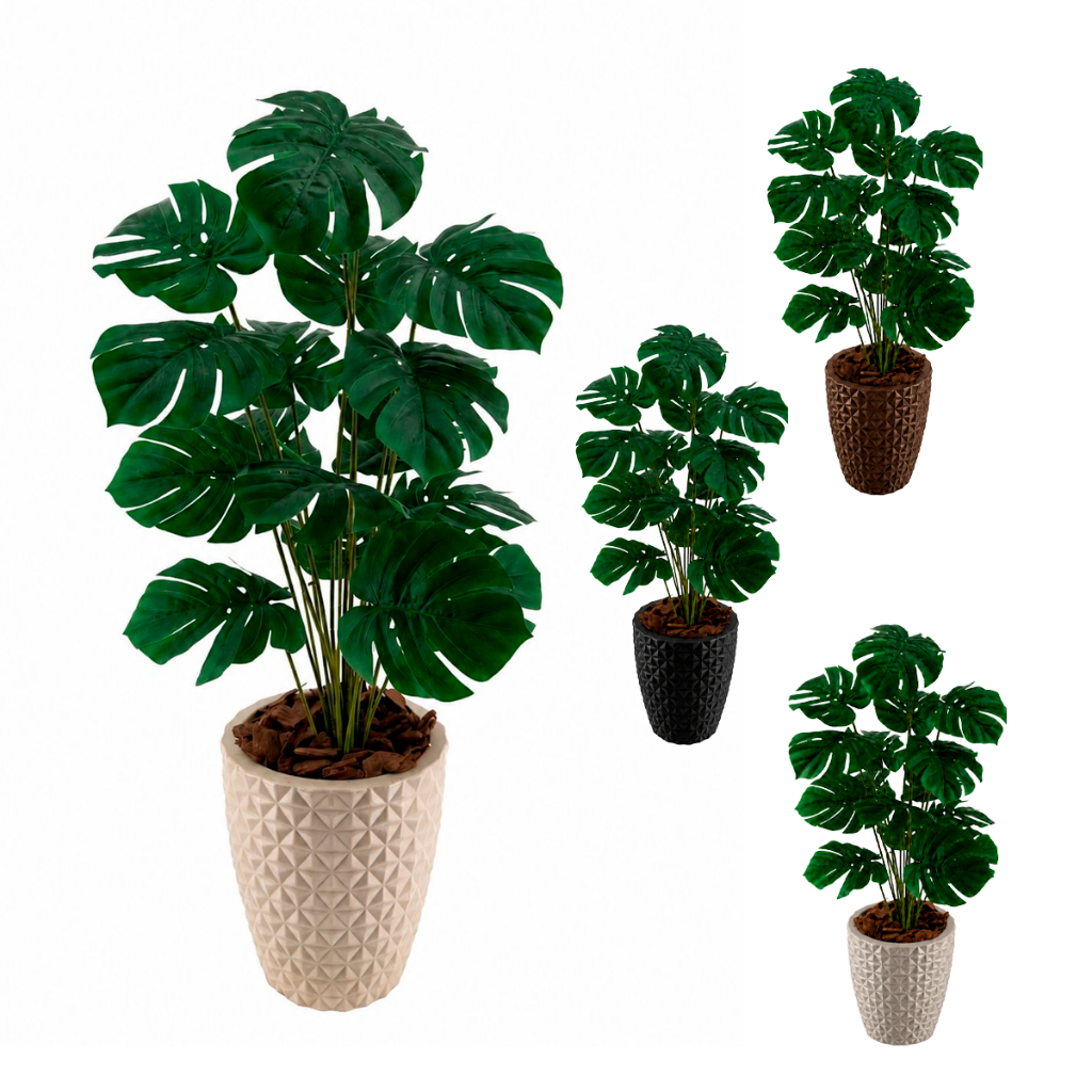 Costela De Adão Artifical + Vaso Polietileno Completo Cores Acompanha Casca Pinus