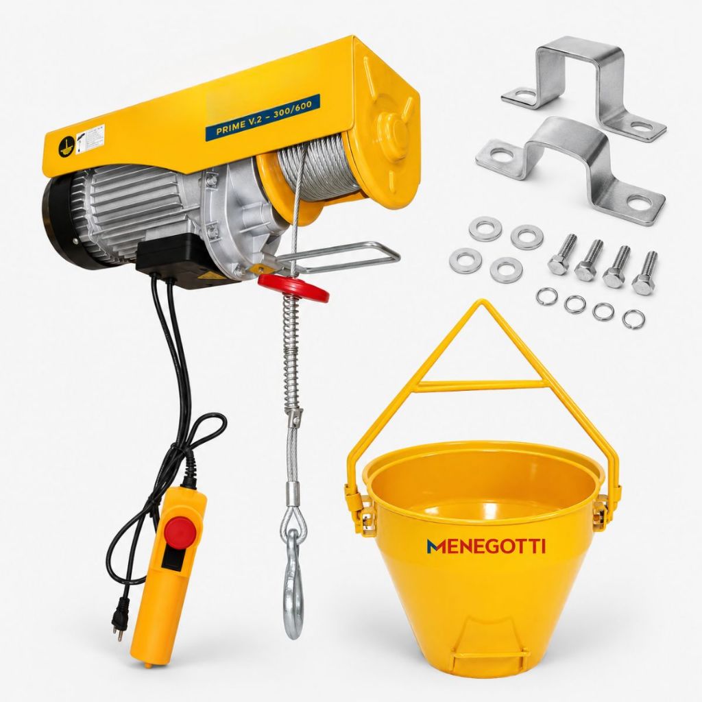 Guincho Elétrico Menegotti Prime V2 300/600kg Cabo de Aço + Balde 50L Reforçado para Obra Construção