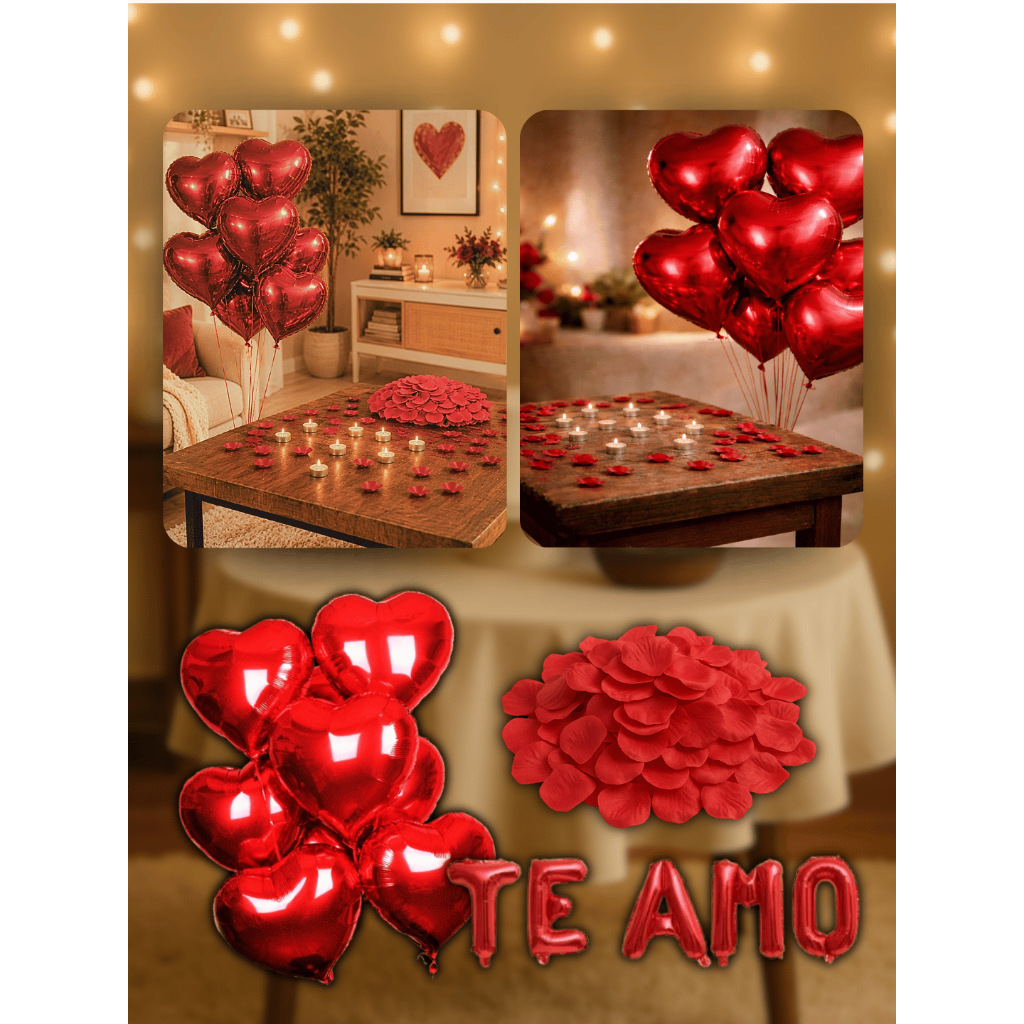 Kit Surpresa Romantica 10 Velas Rechaud + 4 Balões + Balão Te Amo + 200 Pétalas Dia dos Namorados
