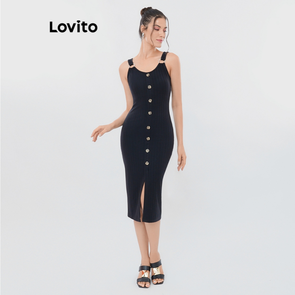 Lovito Vestido Canelado Com Botões Frente DRB228BRL257