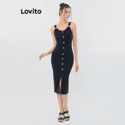 Lovito Vestido Canelado Com Botões Frente DRB228BRL257