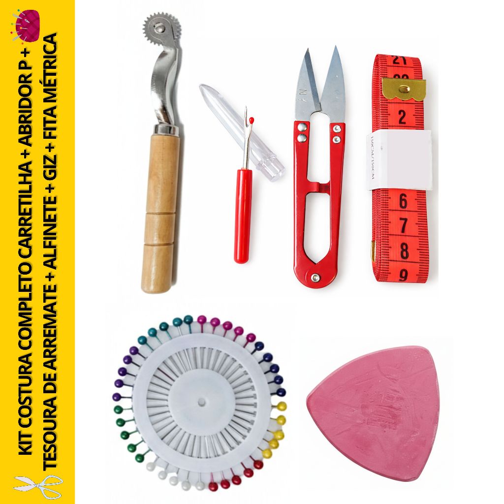 Kit Costura Completo Carretilha + Abridor P + Tesoura de Arremate + Alfinete + Giz + Fita Métrica