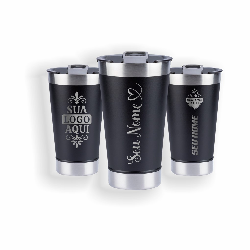 kit 2 à 5 Unidades - Copo Térmico Inox Preto 473ml Personalizado – Gravação a Laser Nome, Logo ou Time