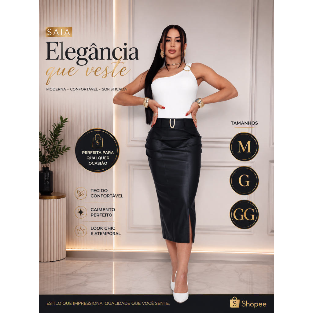 Saia MIDI Feminina Couro Fake Premium Tubinho Con Cinto Fivela y Fenda Lateral Evangelica