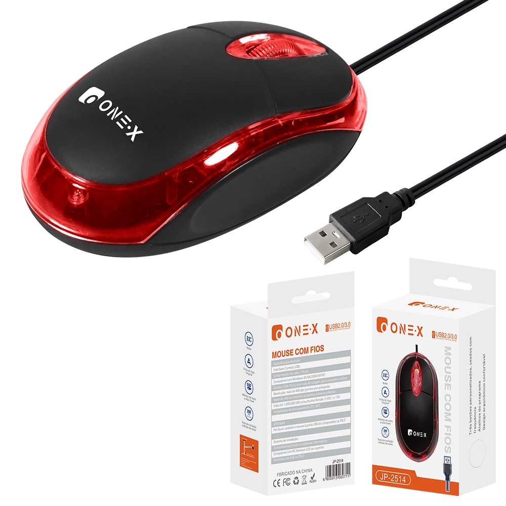 ONEX 2/4/6pcs Mouse com Fio USB 2.0, Óptico com LED Vermelho, Ergonômico para Notebook e Desktop