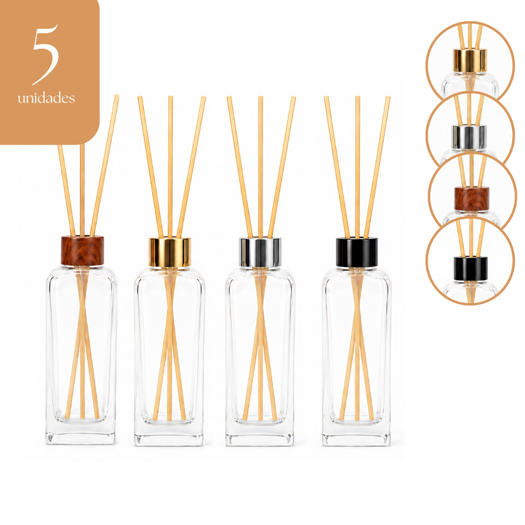 Kit 5 Frascos Difusor Aromatizador Vidro 180ml Rosca 28/410 Com Tampa E Varetas