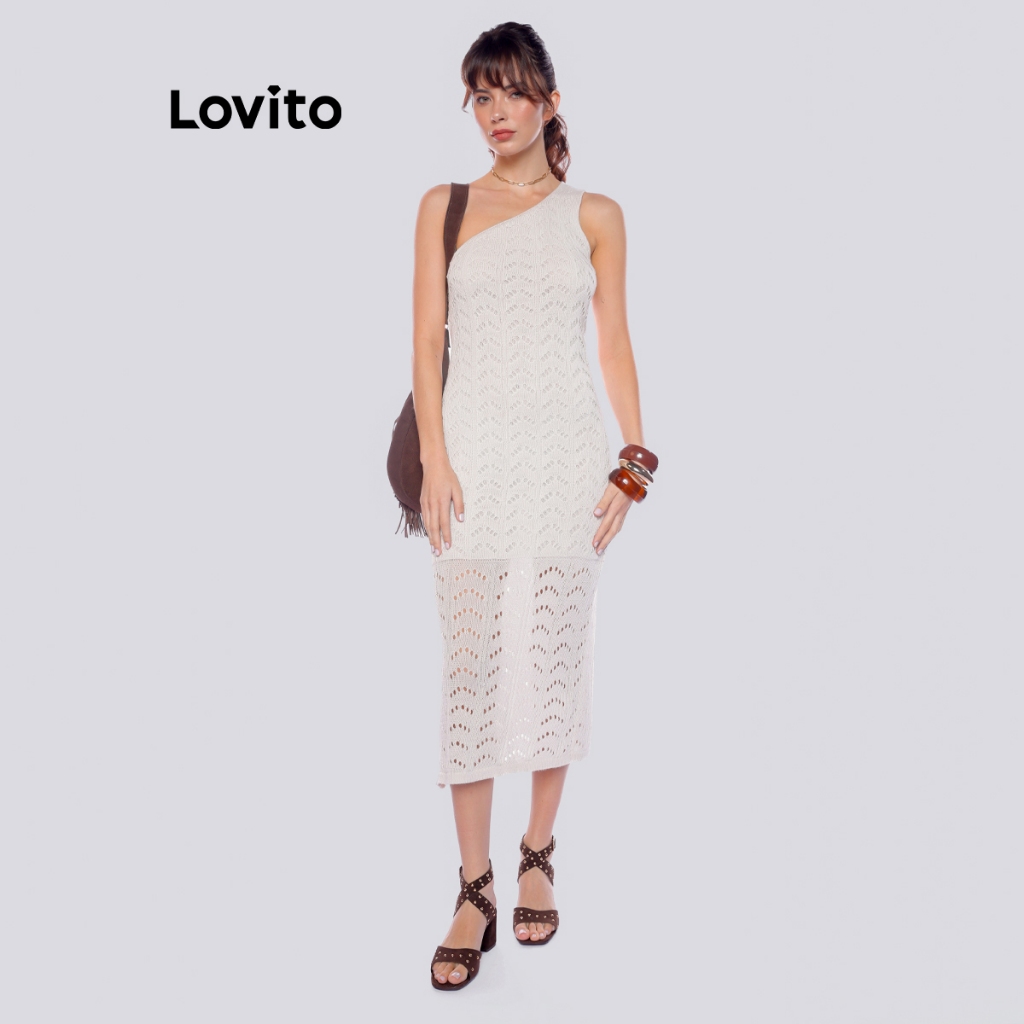 Lovito Vestido Feminino de Tricot Rendado de Um Ombro Só DRB1176BRL1206