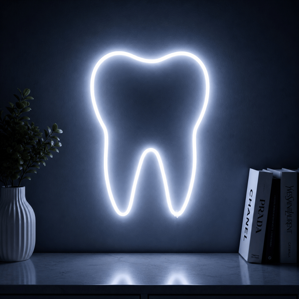 Luminária Led Neon Dente 25 Cm Bivolt Letreiro Decoração Consultório Dentista Quarto Festa Balada Luz Parede Iluminação