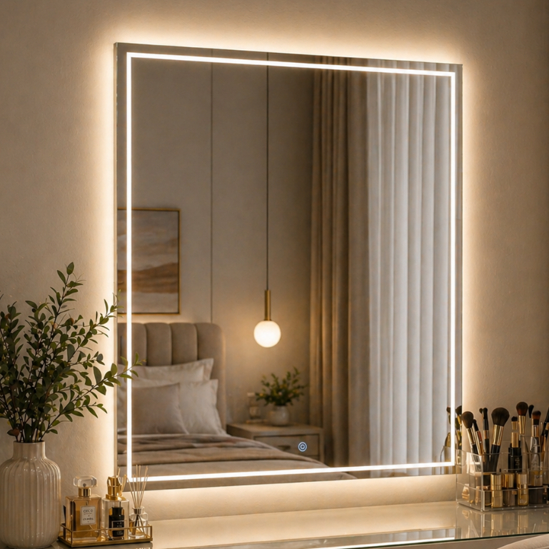 Espelho Grande com Led 3 Cores e Touch Retangular 60x40 Jateado Lapidado Banheiro Decorativo