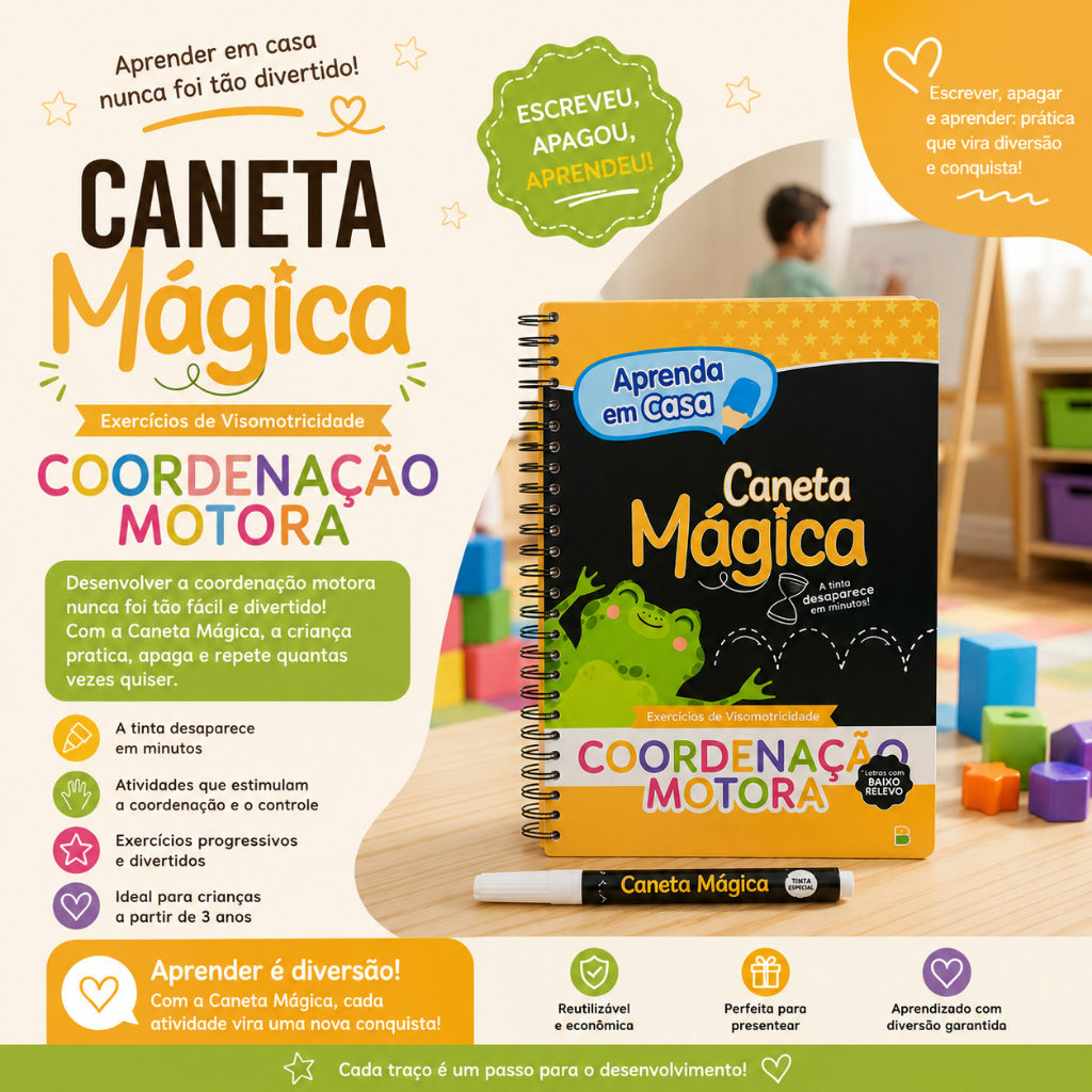 Caderno Caligrafia Mágica Reutilizável Alfabeto Apaga Sozinho + Caneta Coordenação Motora