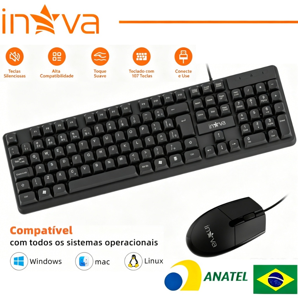 INOVA Kit Teclado mouse com fio 107 teclas com design ergonômico compatível com diversos sistemas
