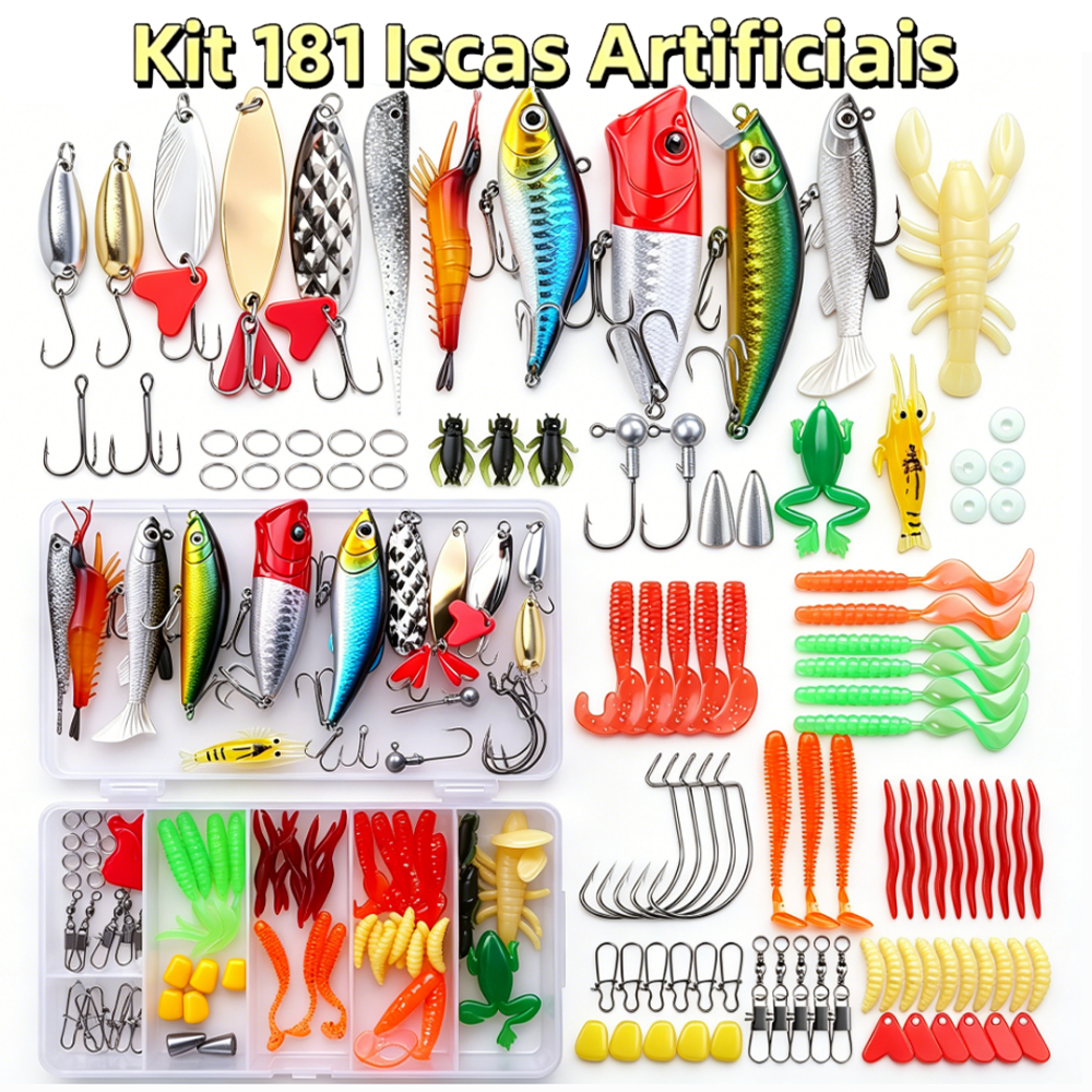 Kit MEDOOSI 181 Iscas Artificiais Premium - Anzol Duplo e Olhos 3D | Isca Realista para Pesca de Truta e Peixes em Meia
