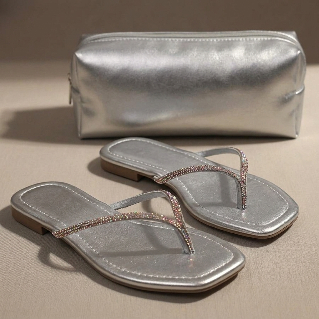 KIT SANDALIA RASTEIRINHA FEMININA CONFORTÁVEL CHINELO STRASS + NECESSAIRE METALIZADA COMBO ESTILO MODA LUXO
