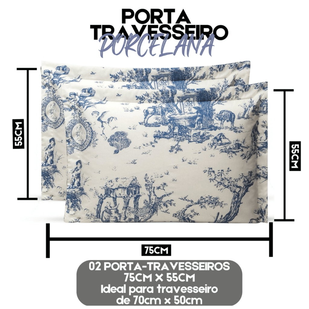 Kit Porta-Travesseiro Estampado Algodão Porcelana 02 Peças