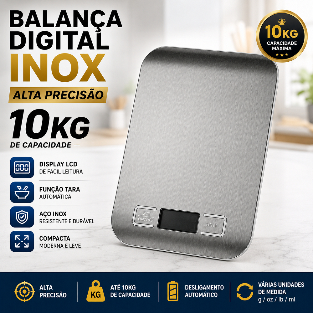 Balança Digital Cozinha 10kg Precisão Inox com Visor Display LCD Eletrônica Culinária Compacta Alta Precisão