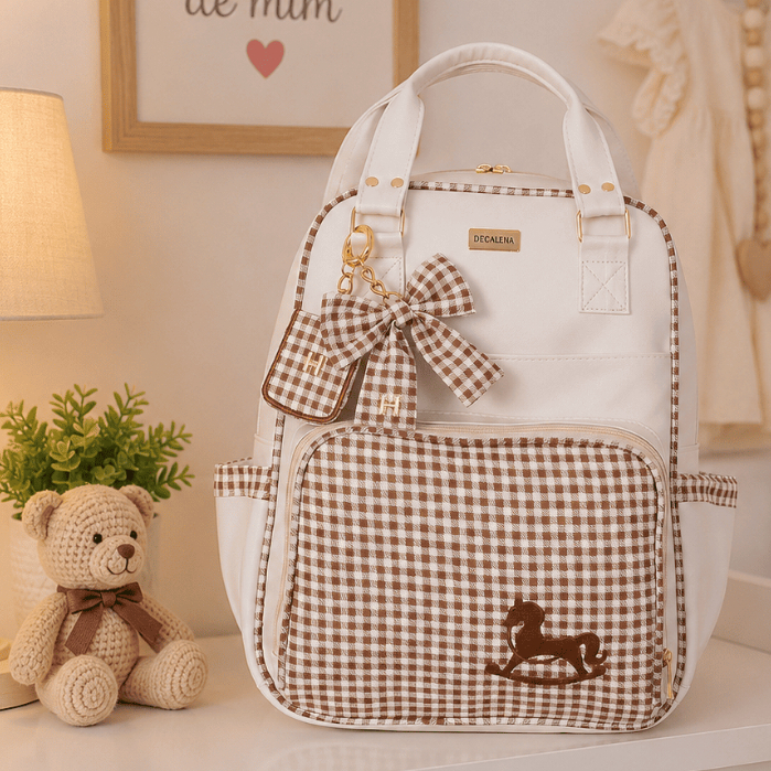Mochila Multifuncional Maternidade Menina Menino Passeio Off/Xadrez Personalizado Informar Inicial - 01 Peça